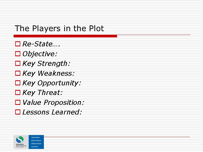 The Players in the Plot Re-State…. Objective: Key Strength: Key Weakness: Key Opportunity: Key